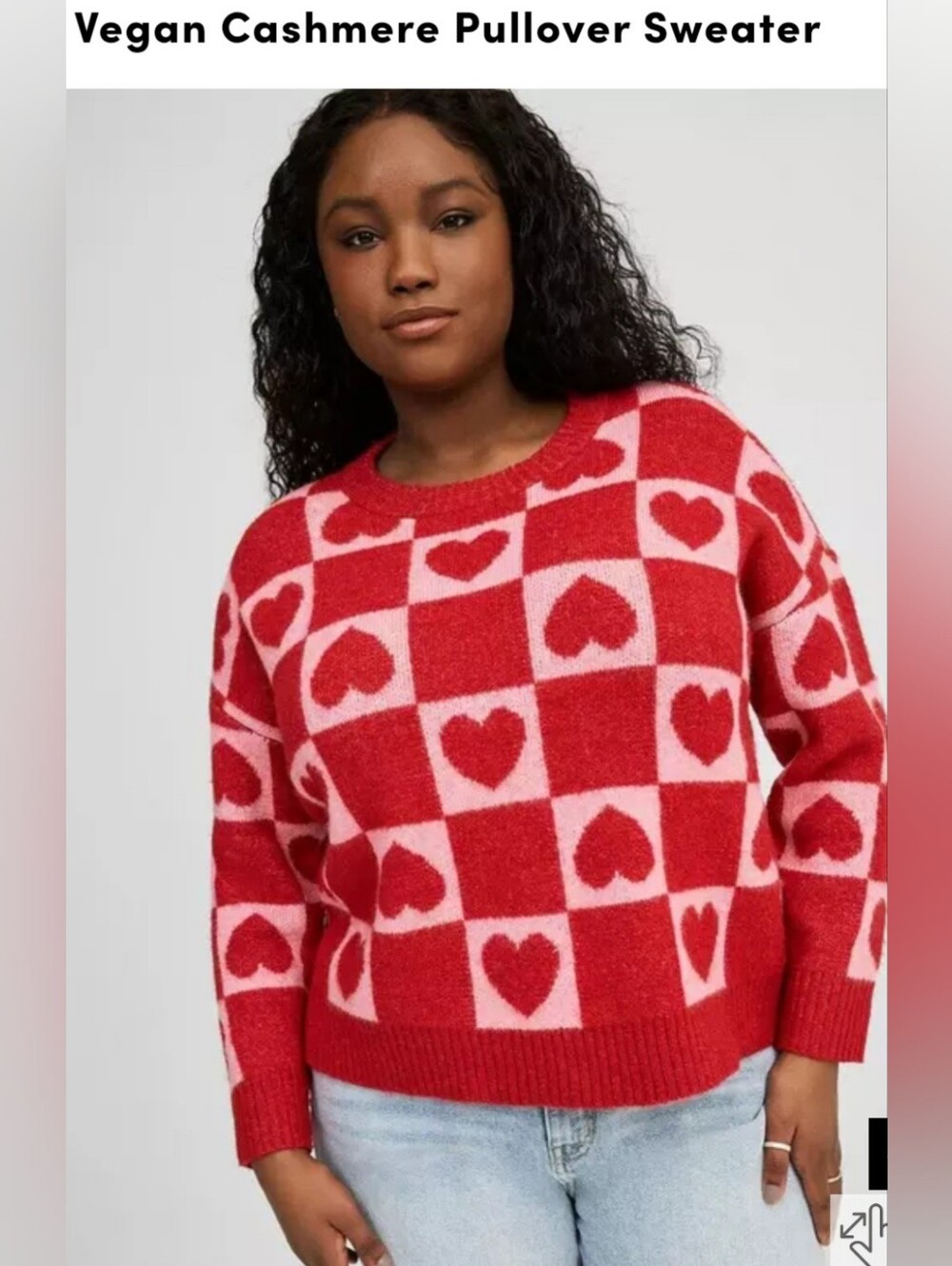 Torrid Cashmere Red and Pink Heart-Check Crewneck Sweater